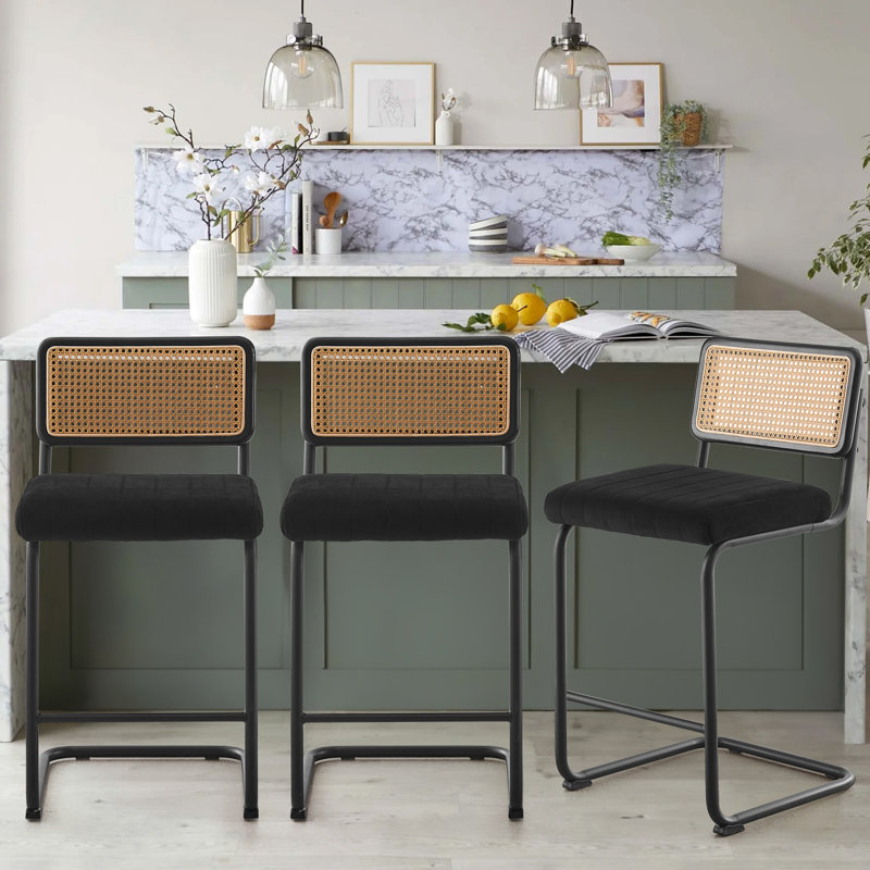 Black Velvet Upholstered Cane Back Counter Stools with Metal Frame, Set of 3