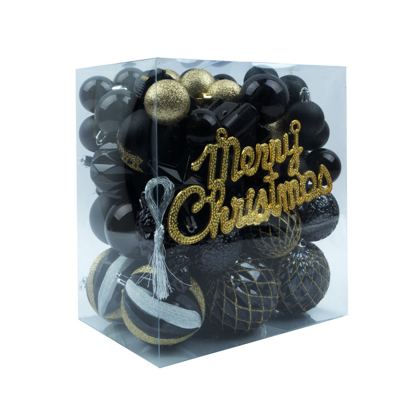 Ensemble de 65 décorations à billes incassables assorties, Noir / or