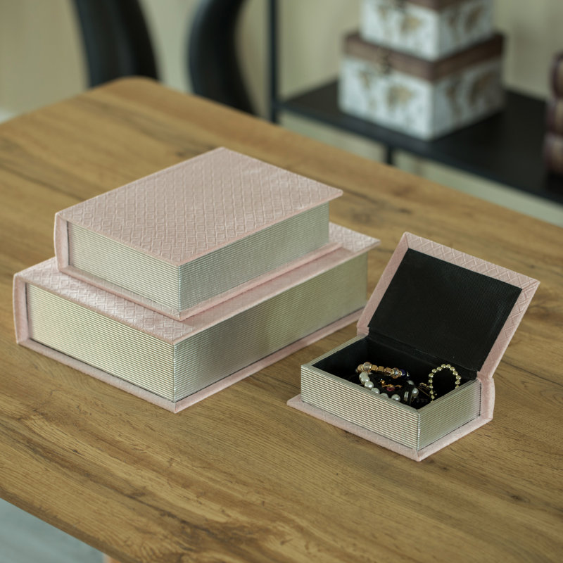 Pink Velvet Antique Wooden Lidded Storage Box Set
