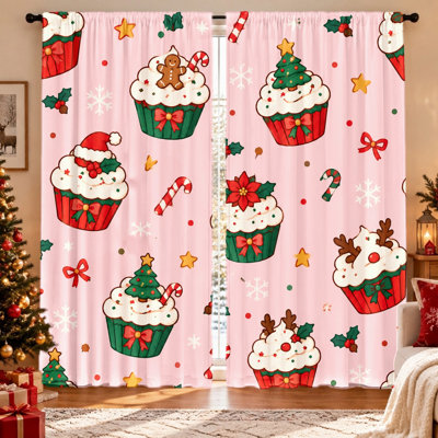 Ensemble de 2 rideaux à motif cupcakes de Noël, design festif, tissu filtrant la lumière, protection de l'intimité, style passe-tringle, lavables à la machine, idéaux pour le salon, la chambre, la cuisine et la décoration intérieure.