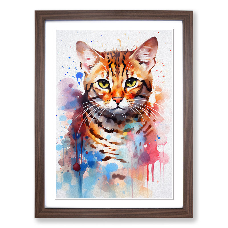 Bengal Cat Action Painting - Single Picture Frame Print on Wood, Walnut Framed, 34cm H x 25cm W x 2cm D