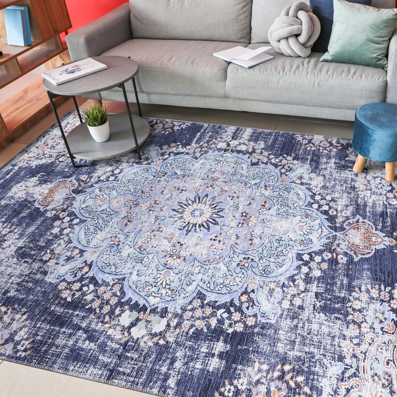 Koressa Oriental Blue Machine Washable Area Rug, Rectangle 5'3" x 7'