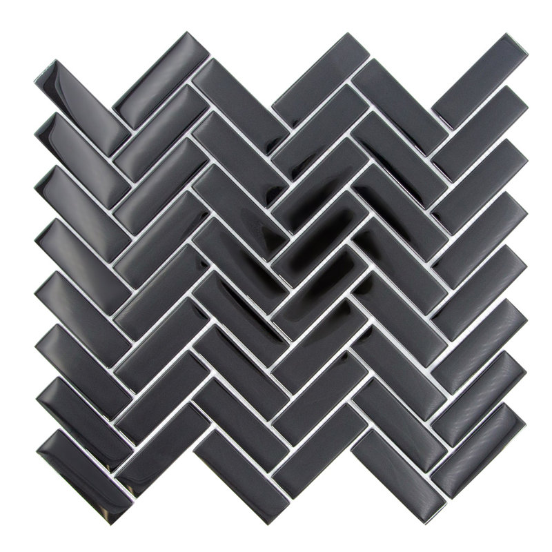 11"X 12.6" Herringbone Polished Glass Mosaic Tile, Black