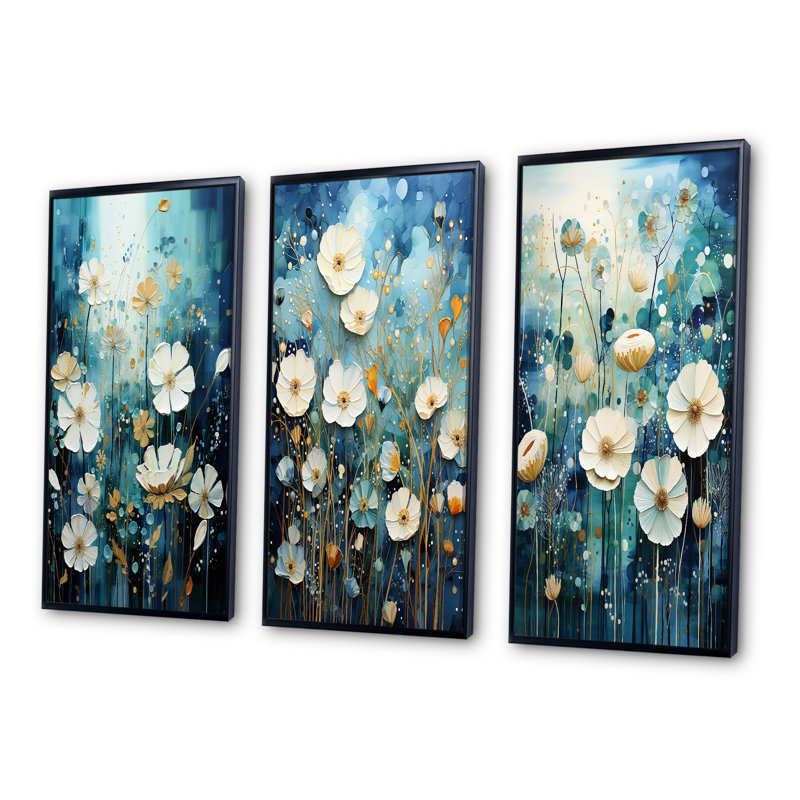 «Blue Tranquil Gardens», 3 pièces sur toile, H 32 po x l 48 po, Cadre noir