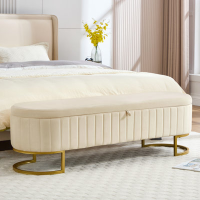 Velvet Upholstered Storage Bench with Horseshoe-Shaped Metal Legs for Living Room: Stylish and Functional Bed-End Solution