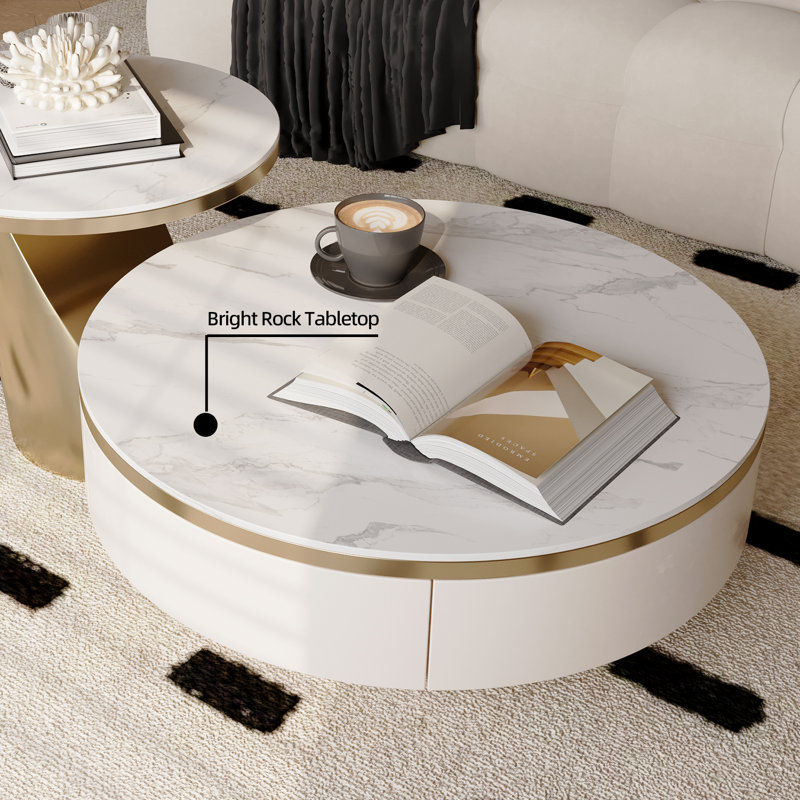 Jakori No Assembly Required Nesting Coffee Table With Storage – Rock Tabletop Heat-Resistant & Wear-Resistant, Gold