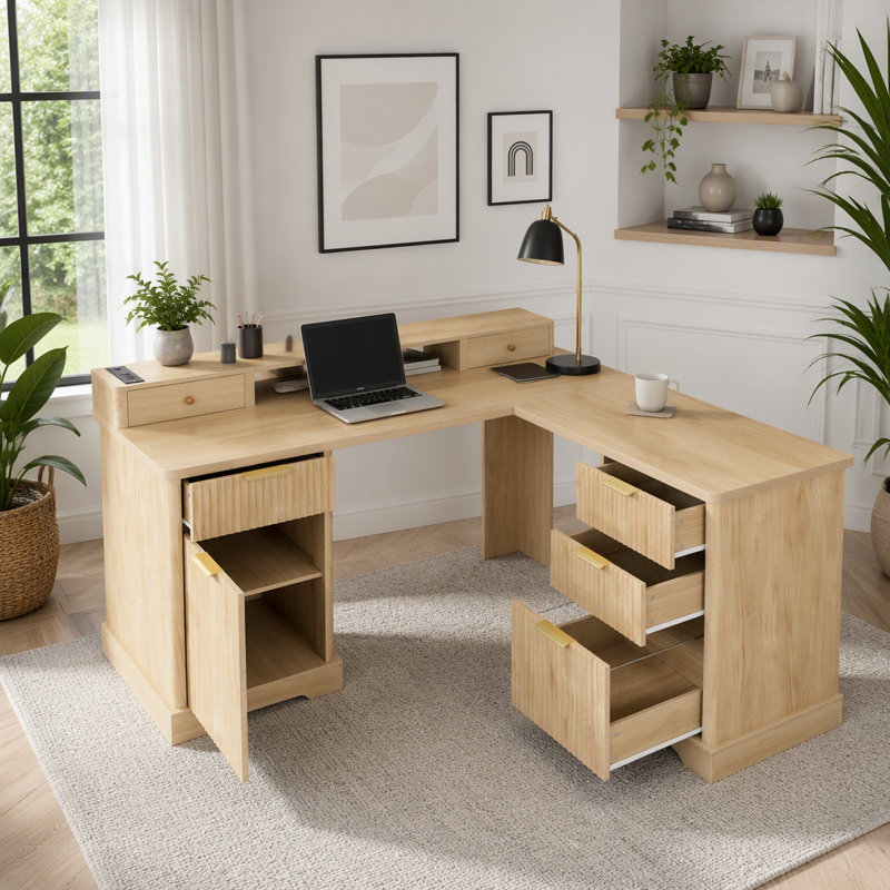 Bureau en L 59 po cannelé avec station de charge et armoire de rangement 59 po Modern, Chêne clair