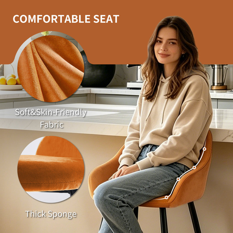 Velvet Upholstered Bar Stools with Armrests, Orange