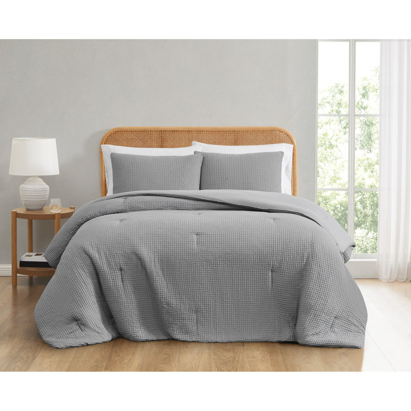 Ensemble d'édredon texturé gaufré, Grand édredon + 2 taies décoratives standard, gris