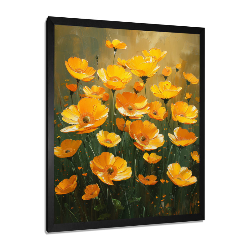 Reproduction d'art mural jaune et vert Sunlit Meadow VII - Bouton d'or, Toile encadrée noire simple