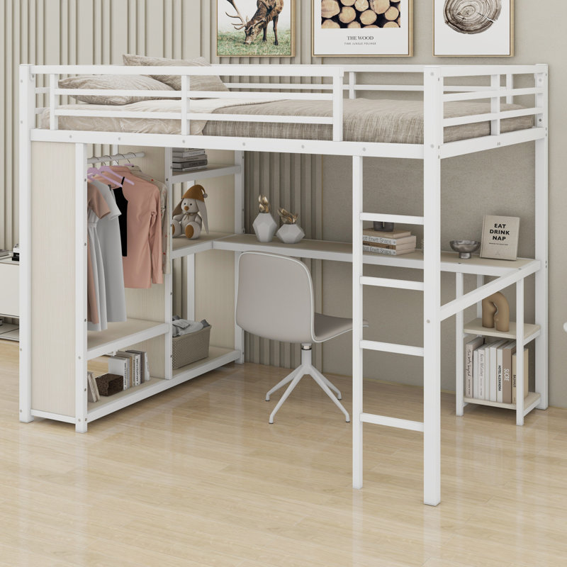 Loft Bed Frame With Built-In Wardrobe,Desk And Storage Shelves