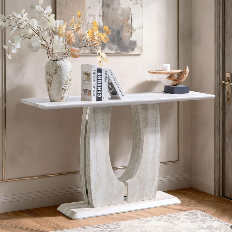 Light Finish Narrow Console Table, 55" Behind Couch Sofa Table with Faux Marble Pattern Top & U-Shaped Base for Entryway Hallway