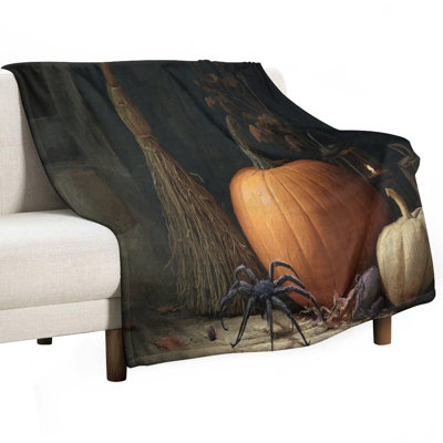 Halloween Pumpkin Broom Spider Luxury Flannel Throw Blanket, Soft Warm Fuzzy Blanket for Living Room Sofa Bed Home Decor