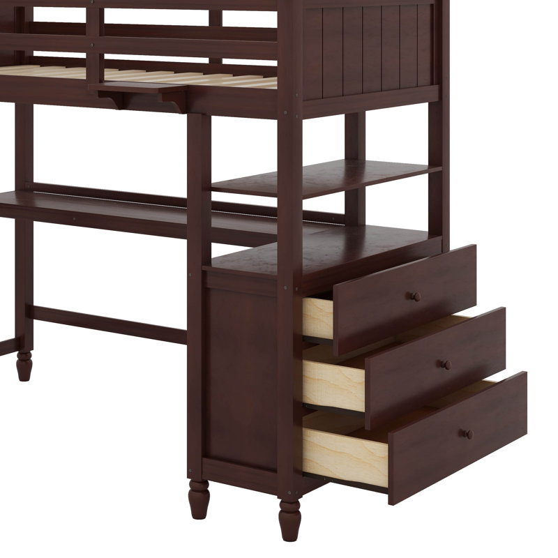 Lit mezzanine simple avec tiroirs, bureau et tablettes, Espresso