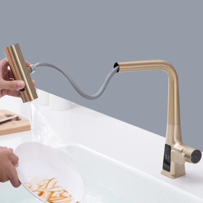 Robinet en or brossé avec affichage de la température de la cuisine en mode cascade et rétractable