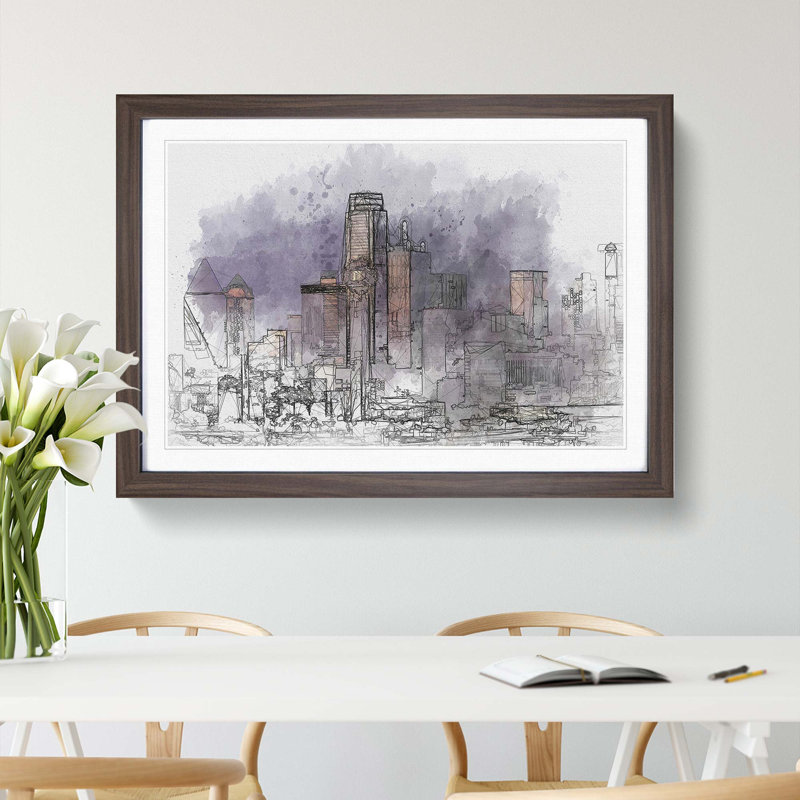 Dallas Texas Skyline at Dusk in Abstract - Picture Frame Graphic Art Print, 48cm H x 65cm W x 2cm D, Walnut Framed