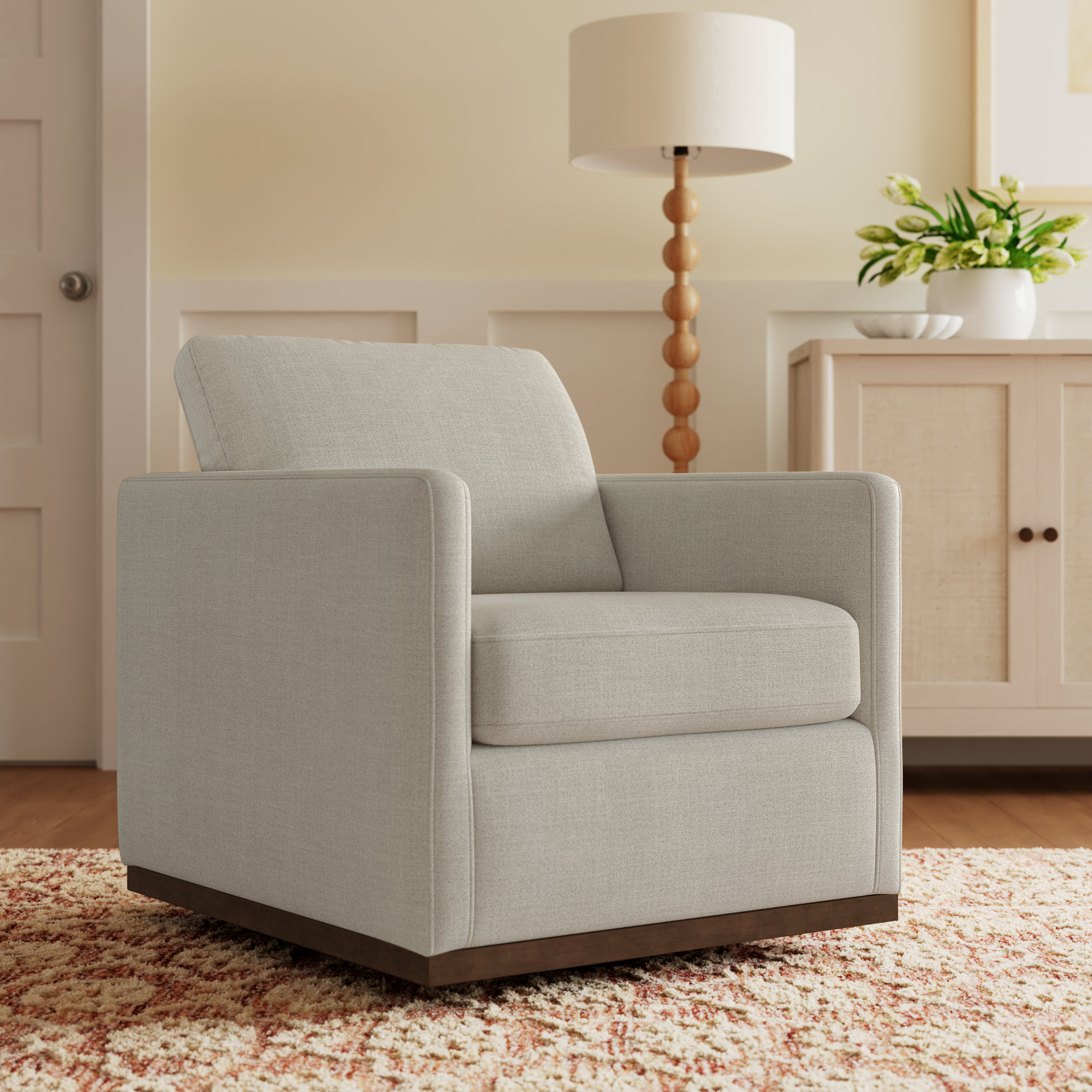 Bobbi Upholstered Swivel Armchair, Effie Linen Performance Linen