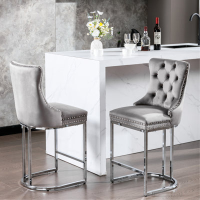 26 Counter Height Bar Stools 2 Velvet Upholstered With Button BackRivet Trim Strong Metal Base For Home 2 Pack Modern Velvet Back Rivet