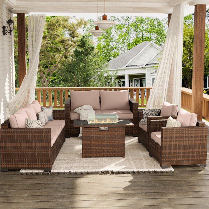 5-Pieces Wide Armrest Outdoor Sectional Rattan Conversation Set with Fire Fit Table., Beige