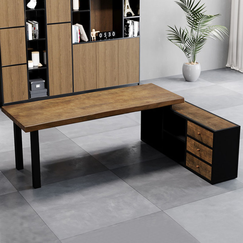 Bureau brun et noir en bois massif en forme de L + fer, H 29,53 po x l 70,87 po x P 31,5 po