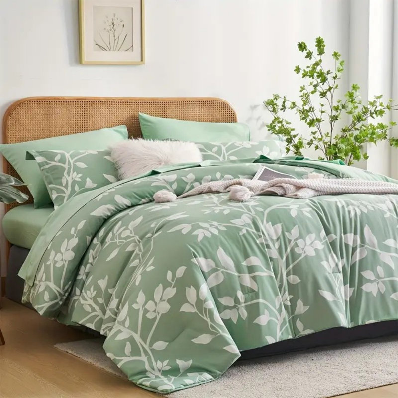 7 pièces courtepointe à motif de fleurs et de plantes vertes et literie respirante douce et confortable, parfaite pour toute chambre à coucher ou chambre d'amis (1 courtepointe + 1 drap plat + 1 drap-housse + 1 taie d'oreiller sans bourre)