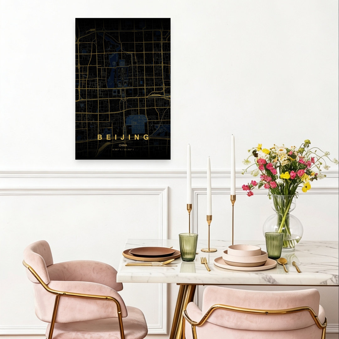 Golden Beijing Map Geometric Minimalist Modern Architecture City Wall Art Print