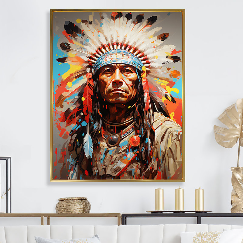 Native American Warrior Portrait - Art mural américain encadré, Cadre flottant doré, H 44 po x l 34 po x P 1,5 po