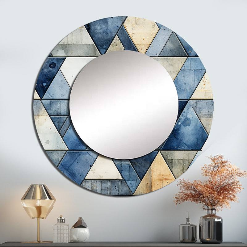 Rollon rustique cobalt triangle symphonique - grand miroir mural géométrique, miroir décoratif rond moderne, impression d'art en métal