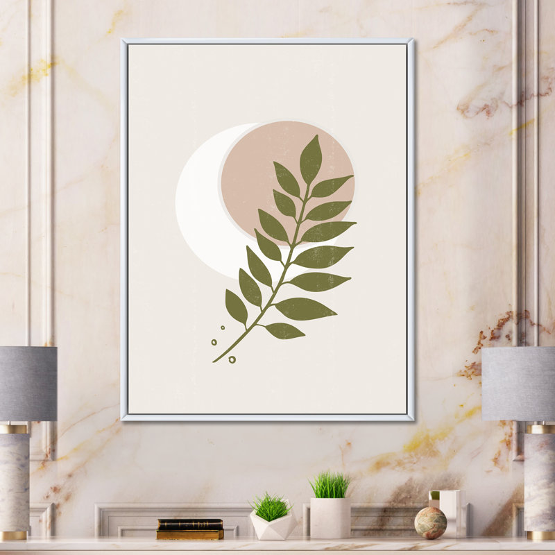 Lune géométrique abstraite avec feuille IV - impression sur toile, H 32 po x l 24 po x P 1 po, Toile blanche encadrée