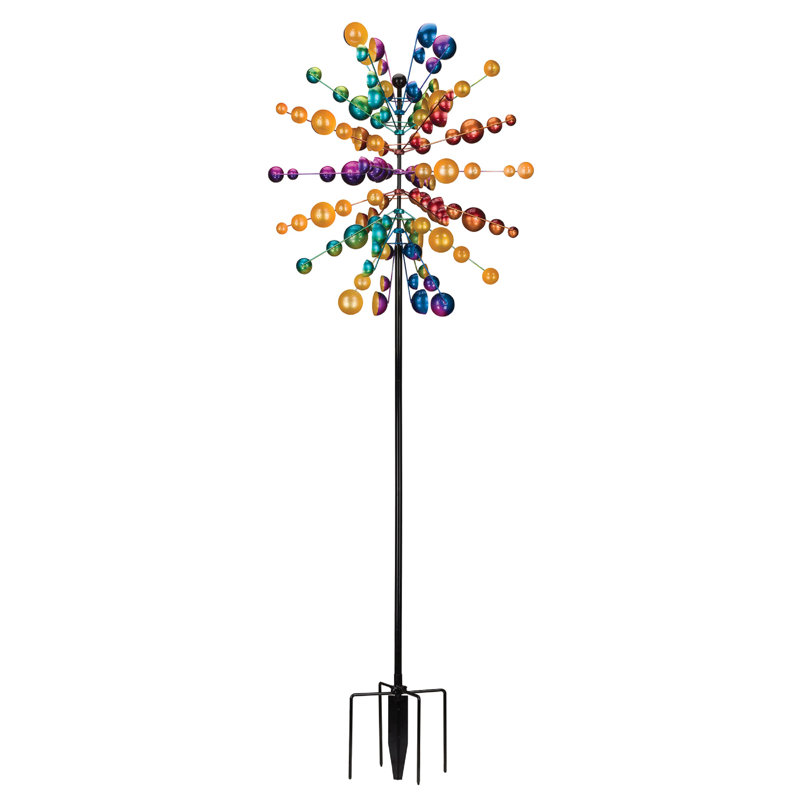 86 Inch Tall Multi Color Planet Metal Wind Spinner with Powder Coated Finish and Sturdy Ground Stake for Outdoor Garden Decor