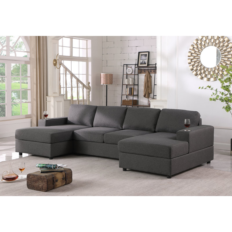 Rachdale Symmetrical Sectional with Chaise, Dark Gray Linen Blend