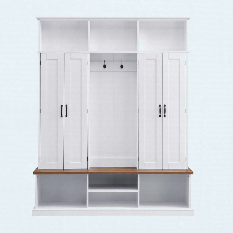 Hall Tree MDF Entryway Storage Bench with Top Cubbies, Hooks & Cabinets, Farmhouse Coat Rack with Shoe Storage