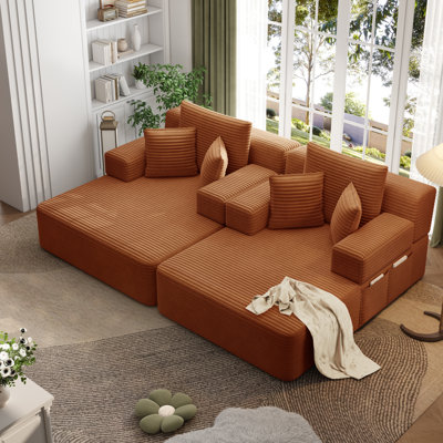 Ensemble 2 pièces surdimensionné de méridienne double, luxueux canapé-lit en velours côtelé moelleux avec 6 coussins et pochette de rangement, pour petits espaces, cinéma maison, salon, orange