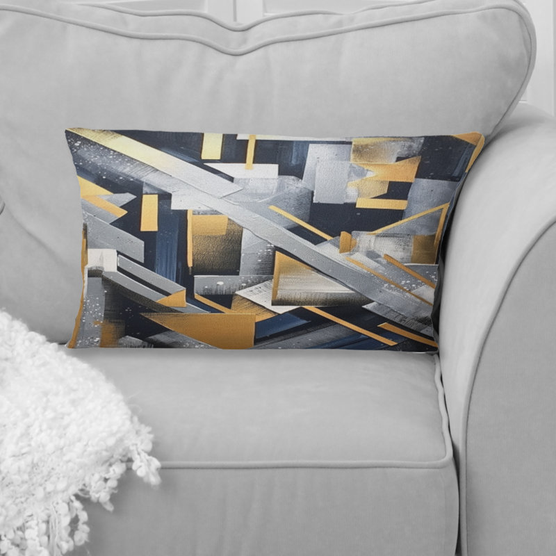 Coussin décoratif imprimé de formes abstraites dorées et grises III
