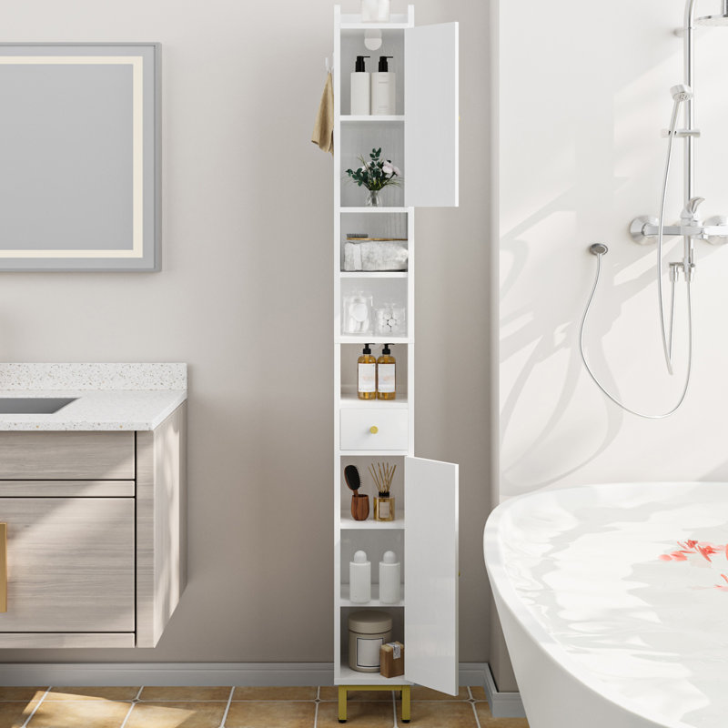 Bathroom Storage Cabinet, Narrow Toilet Paper Storage Cabinet, Tall Toilet Paper Holder with 2 Doors & Drawer, Bathroom Organizer with Adjustable Shelf for Small Spaces