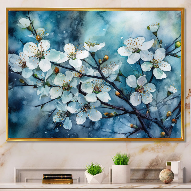 «Ronar White Blue Apple Tree Melody» sur toile, H 34 po x l 44 po x P 1,5 po, Cadre flottant doré