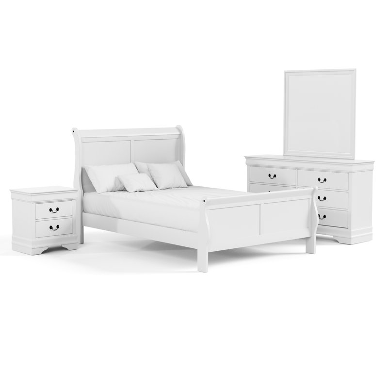Aberdeen 4-Piece Bedroom Set, Full / Double, White, 4 Pcs: Bed, Nightstand, Dresser, Mirror