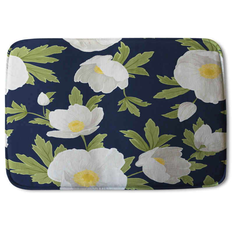 Nyles Memory Foam Non-Slip Bath Rug, Navy Blue White Anemone