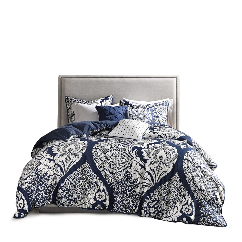 Édredon grand lit indigo - Coton imprimé avec coussins décoratifs Literie 7 pièces revers uni, Indigo