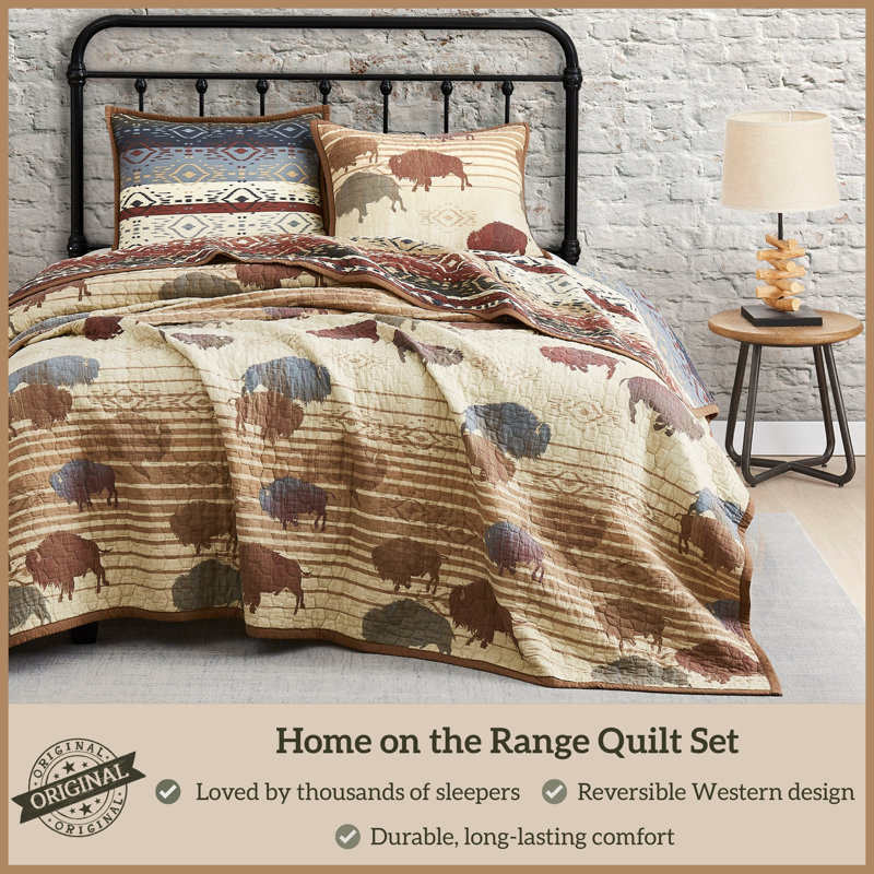 Home on the Range Printed Buffalo Aztec Cotton Western Style Reversible Quilt Set, Twin