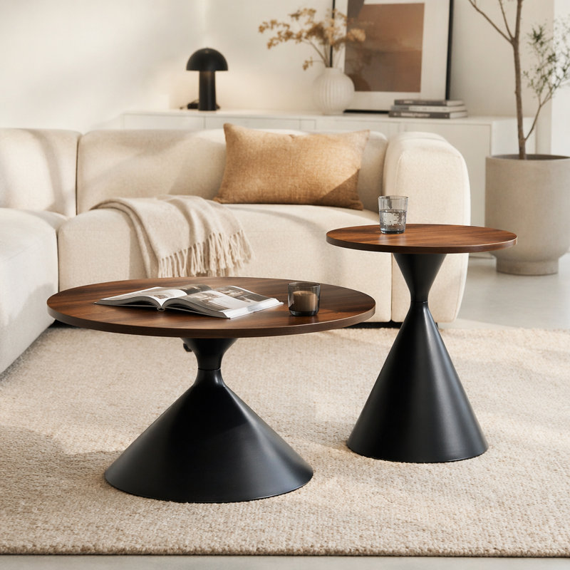 Ensemble de tables basses rondes 2 pièces, plateau de table à motif noyer avec base en acier, table basse multifonctionnelle (noir et noyer)