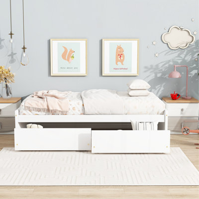 Lit simple avec 2 tiroirs, lit en bois d'hévéa massif, blanc