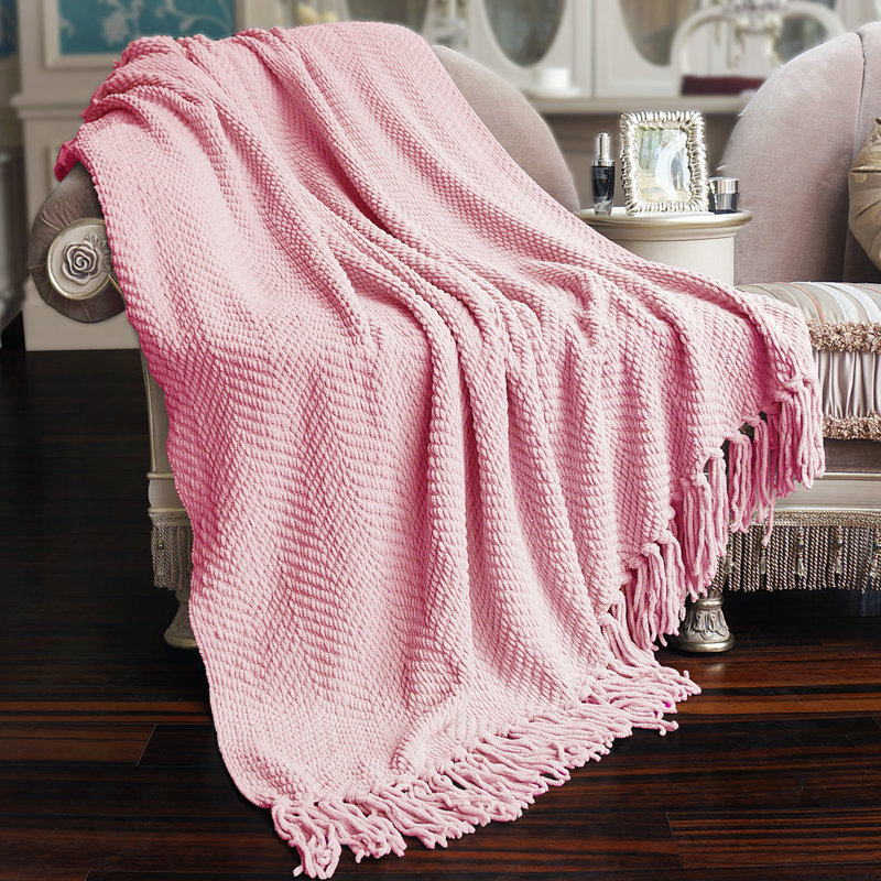 Jeté en tricot de tweed, 60 po x 80 po, Rose bonbon