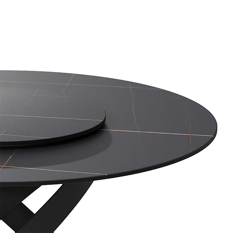 Suzzie Modern Round Turnable Dining Table for 4-6 with Sintered Stone Tabletop, Carbon Steel Base, Black
