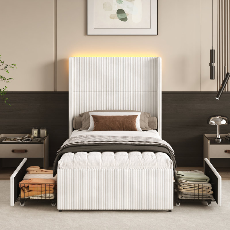 Corduroy Upholstered Platform Bed With Drawers, LED Light, Wingback Headboard, And Footboard, No Box Spring Needed, Full