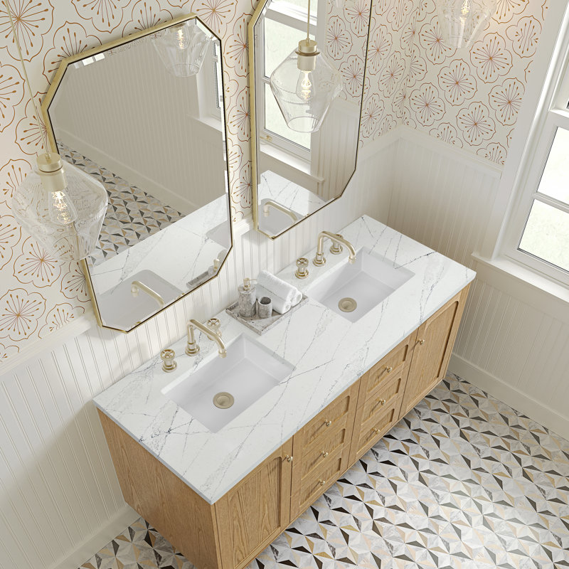 Laurent 60" Double Vanity, Light Natural Oak W/FreePower Wireless Charger, Ethereal Noctis, Light Natural Oak