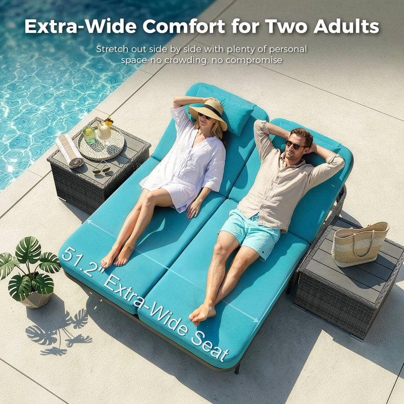 Outdoor Wicker Double Chaise Lounge Chair with Side Table & Cushions, Adjustable Reclining Back, Teal
