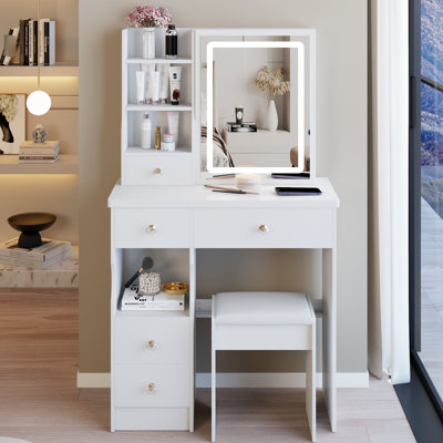 Table de coiffeuse de 29,2 po avec tiroir à gauche et tabouret rembourré, miroir à DEL réglable à luminosité tricolore, convient aux espaces compacts coulissants, espaces idéaux