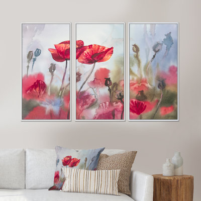 «Blossoming Poppies In The Meadow», peinture sur toile 3 pièces