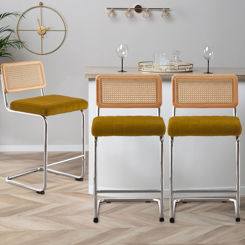 Tabouret de bar et de comptoir en velours Georgios, Velours jaune / cadre argenté